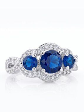 Sapphire Blue and White  Three Stone Ring - 925 Sterling Silver